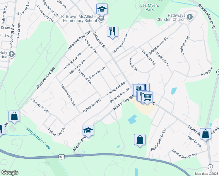 map of restaurants, bars, coffee shops, grocery stores, and more near 731 Elizabeth Street Southwest in Concord