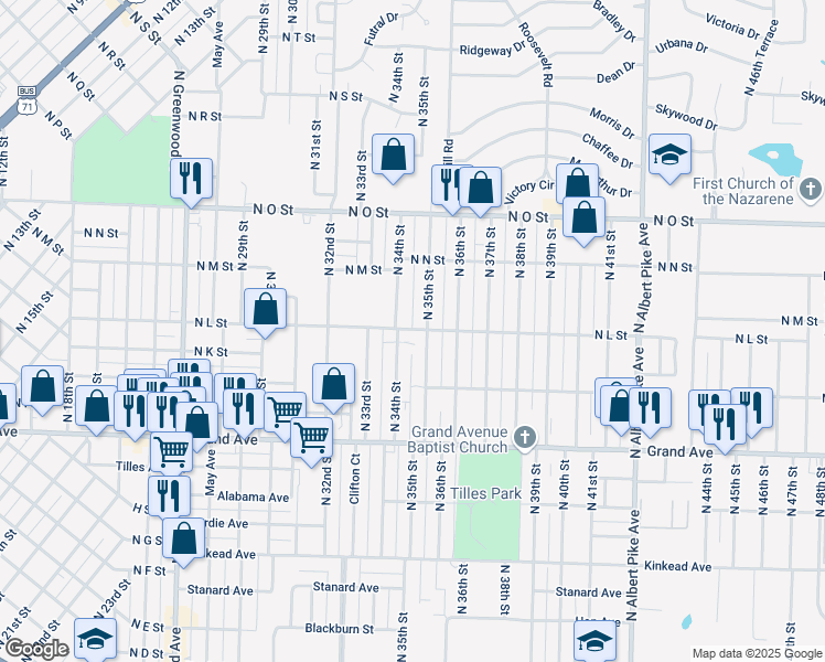 map of restaurants, bars, coffee shops, grocery stores, and more near 1400 North 35th Street in Fort Smith