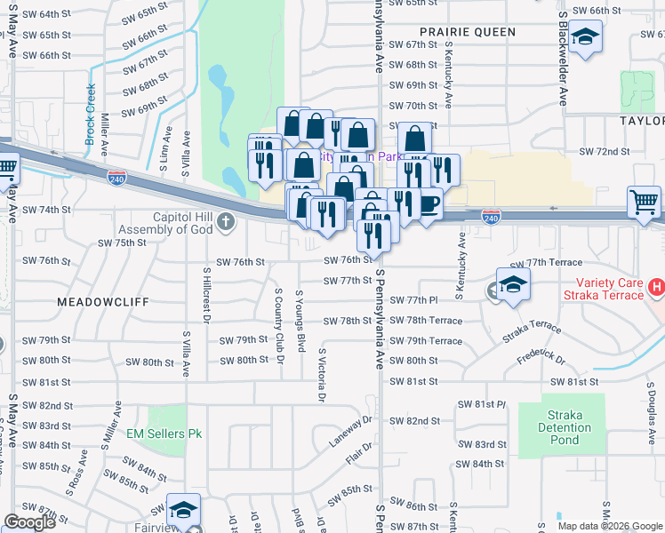 map of restaurants, bars, coffee shops, grocery stores, and more near 2124 Southwest 76th Street in Oklahoma City