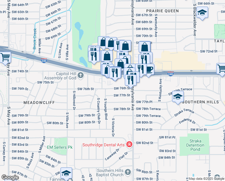 map of restaurants, bars, coffee shops, grocery stores, and more near 2220 Southwest 76th Street in Oklahoma City