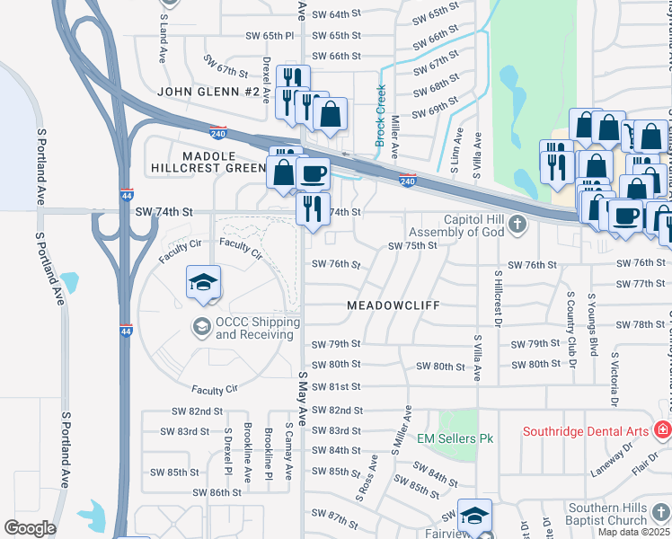map of restaurants, bars, coffee shops, grocery stores, and more near 2836 Southwest 76th Street in Oklahoma City