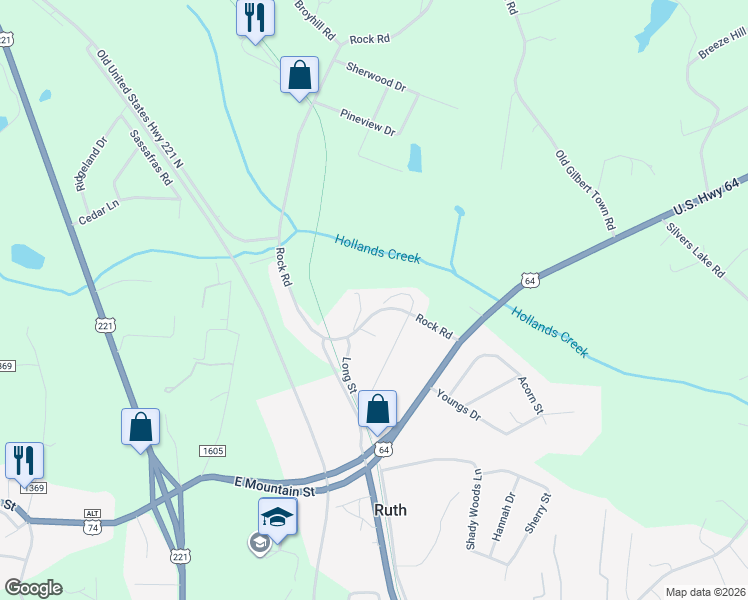 map of restaurants, bars, coffee shops, grocery stores, and more near 303 Long Street in Rutherfordton