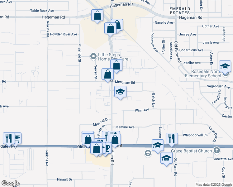 map of restaurants, bars, coffee shops, grocery stores, and more near 3236 Allen Road in Bakersfield