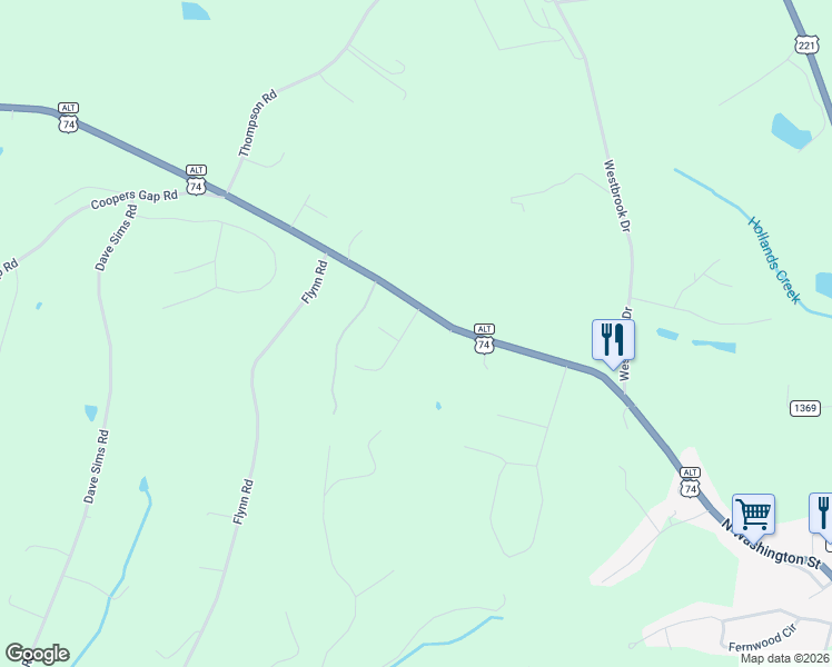map of restaurants, bars, coffee shops, grocery stores, and more near 129 Jamesfield Drive in Rutherfordton