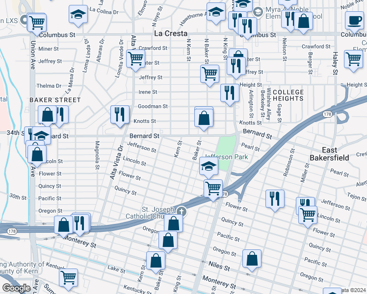 map of restaurants, bars, coffee shops, grocery stores, and more near 609 Grace Street in Bakersfield