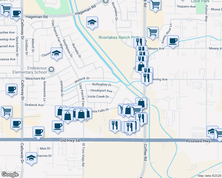 map of restaurants, bars, coffee shops, grocery stores, and more near 8502 Hoodsport Avenue in Bakersfield