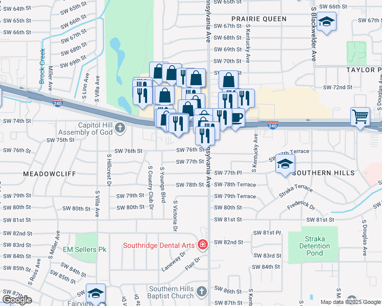 map of restaurants, bars, coffee shops, grocery stores, and more near 2124 Southwest 76th Street in Oklahoma City