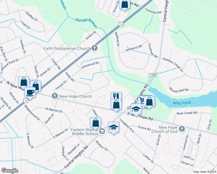 map of restaurants, bars, coffee shops, grocery stores, and more near 214 Pinewood Drive in Goldsboro