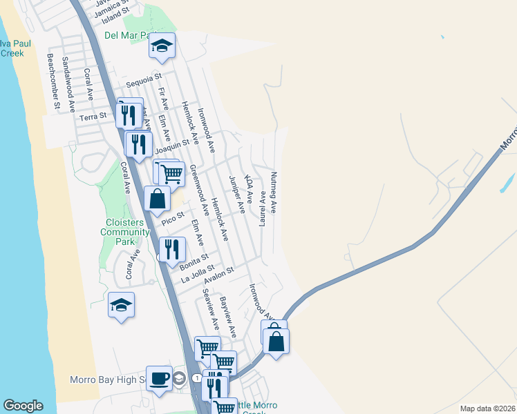 map of restaurants, bars, coffee shops, grocery stores, and more near 2525 Laurel Avenue in Morro Bay