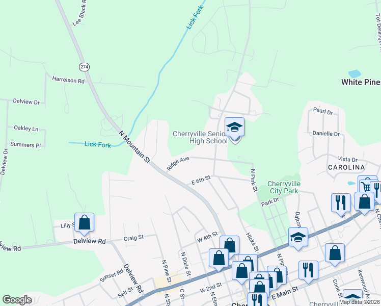 map of restaurants, bars, coffee shops, grocery stores, and more near 119 Ridge Avenue in Cherryville