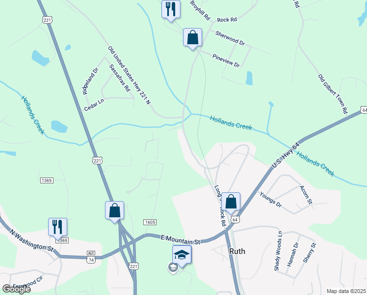 map of restaurants, bars, coffee shops, grocery stores, and more near 341 Rock Road in Rutherfordton