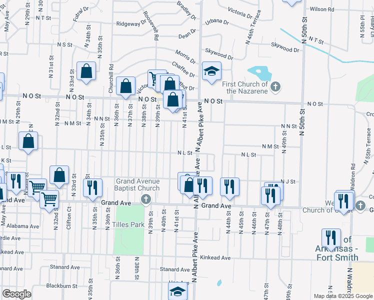 map of restaurants, bars, coffee shops, grocery stores, and more near 1400 North 41st Street in Fort Smith