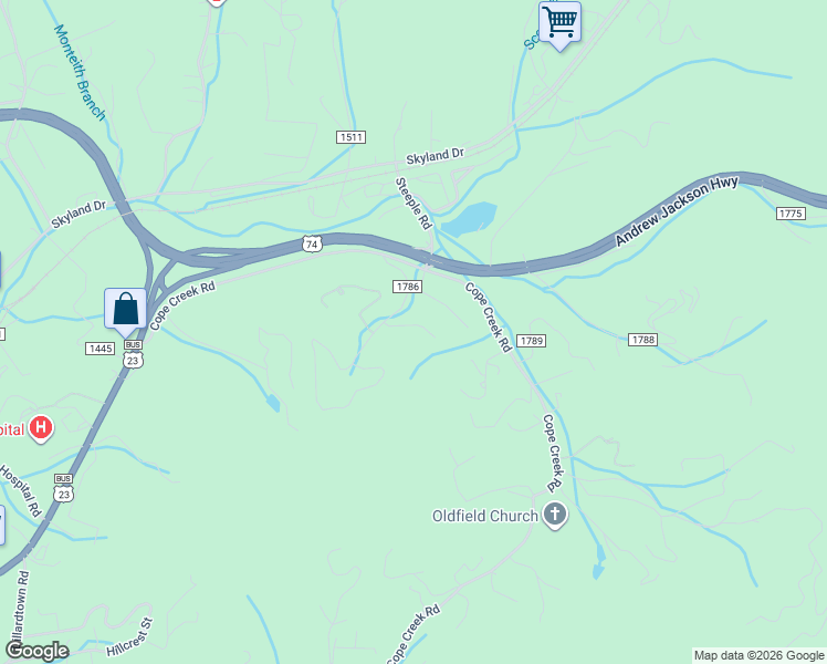 map of restaurants, bars, coffee shops, grocery stores, and more near 116 Point of View Drive in Sylva