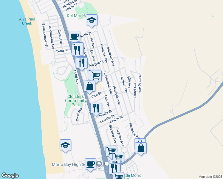 map of restaurants, bars, coffee shops, grocery stores, and more near 2580 Greenwood Avenue in Morro Bay