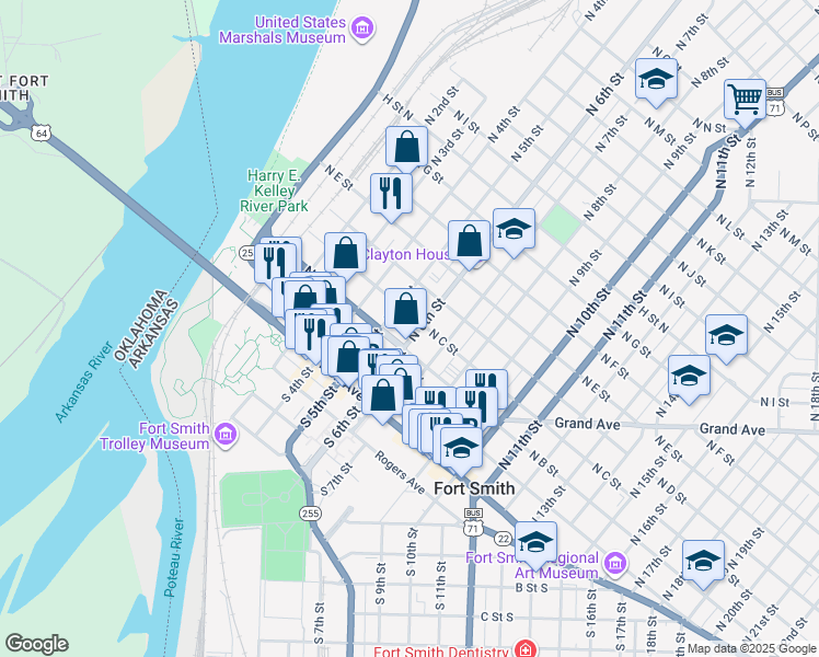 map of restaurants, bars, coffee shops, grocery stores, and more near 215 North 6th Street in Fort Smith