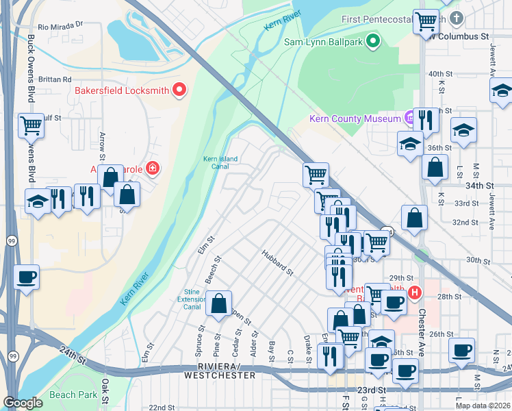 map of restaurants, bars, coffee shops, grocery stores, and more near 3040 Jacaranda Drive in Bakersfield