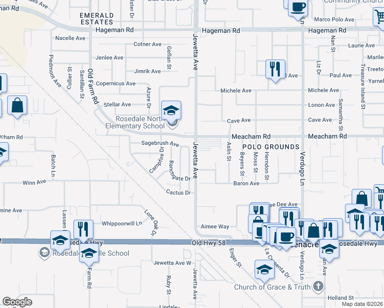 map of restaurants, bars, coffee shops, grocery stores, and more near 3216 Chuckwagon Street in Bakersfield