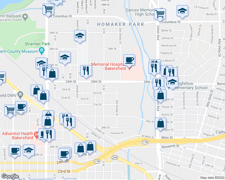 map of restaurants, bars, coffee shops, grocery stores, and more near 710 33rd Street in Bakersfield