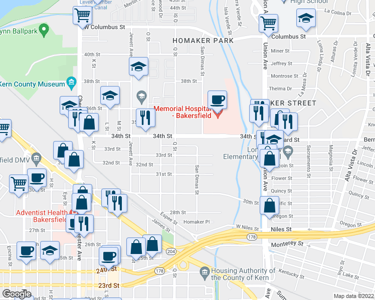 map of restaurants, bars, coffee shops, grocery stores, and more near 710 33rd Street in Bakersfield