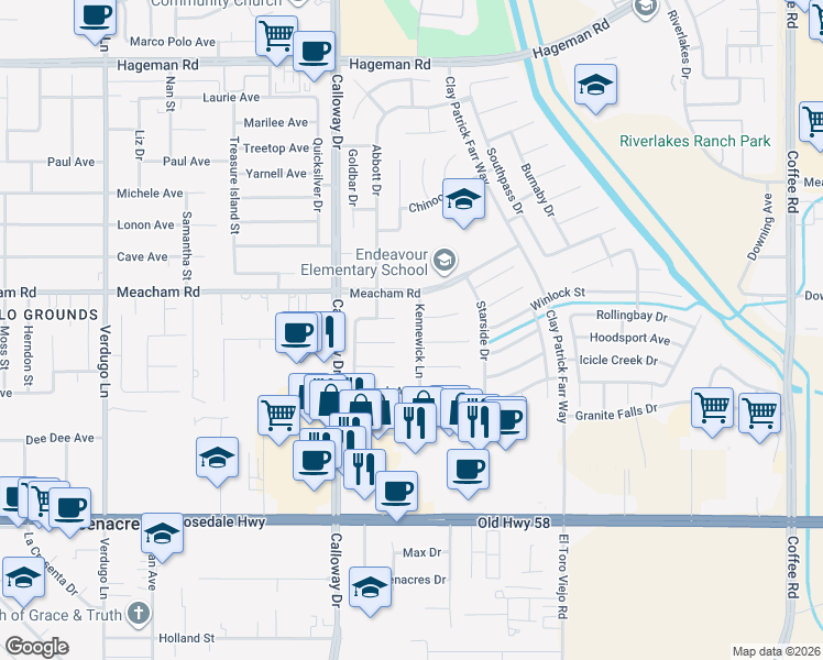 map of restaurants, bars, coffee shops, grocery stores, and more near 9405 Colfax Court in Bakersfield