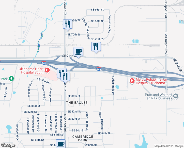 map of restaurants, bars, coffee shops, grocery stores, and more near 5738-6610 Interstate 240 Service Road in Oklahoma City