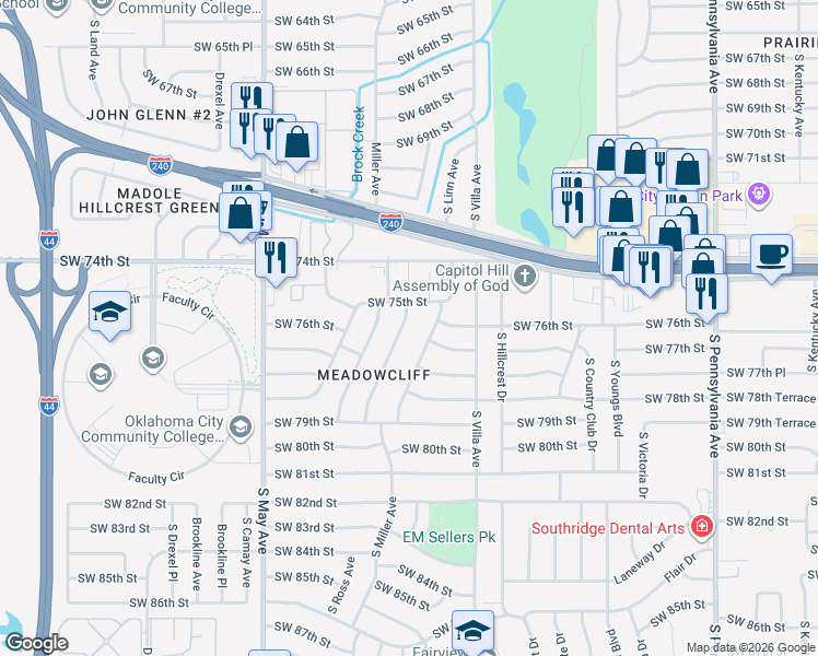 map of restaurants, bars, coffee shops, grocery stores, and more near 7612 South Miller Boulevard in Oklahoma City