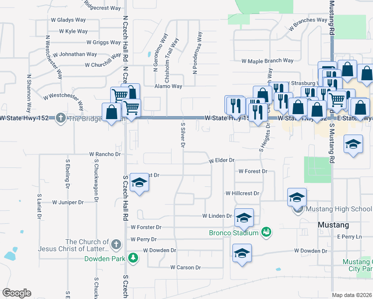 map of restaurants, bars, coffee shops, grocery stores, and more near 224 South Silver Drive in Mustang
