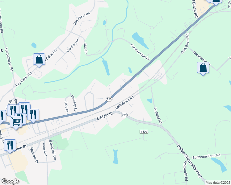 map of restaurants, bars, coffee shops, grocery stores, and more near 1909 North Carolina 150 in Cherryville