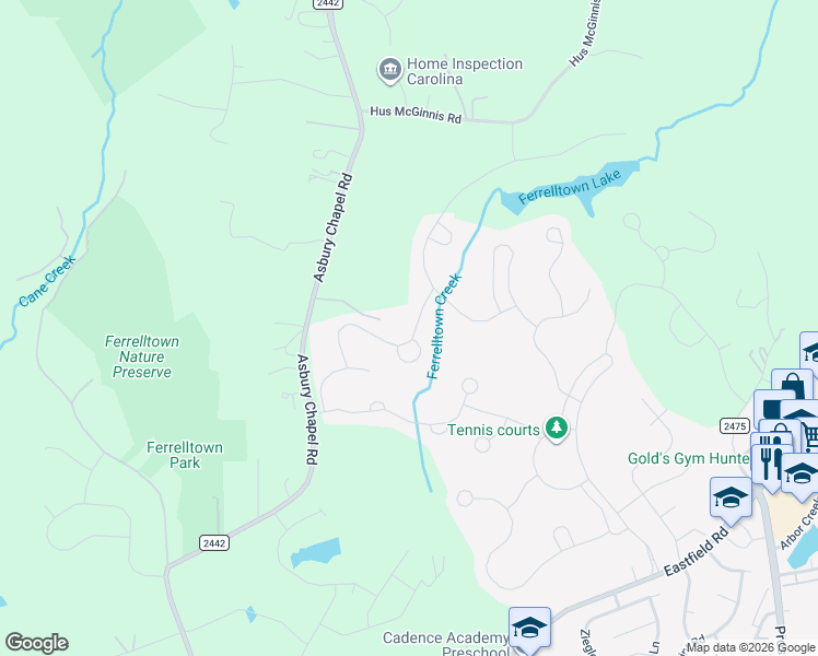 map of restaurants, bars, coffee shops, grocery stores, and more near 7209 Brookline Place in Huntersville
