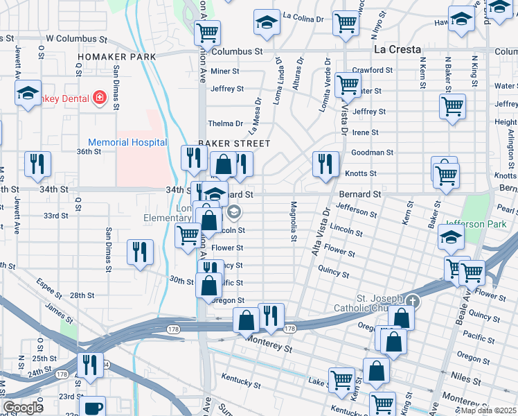 map of restaurants, bars, coffee shops, grocery stores, and more near 130 Jefferson Street in Bakersfield