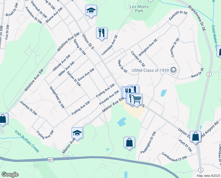 map of restaurants, bars, coffee shops, grocery stores, and more near 43 Fryling Avenue Southwest in Concord