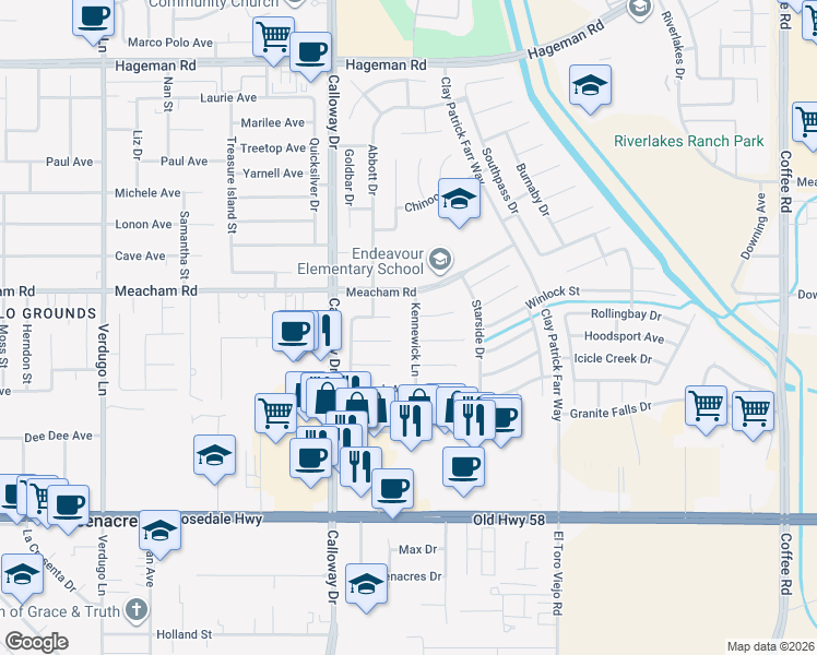 map of restaurants, bars, coffee shops, grocery stores, and more near 9405 Colfax Court in Bakersfield