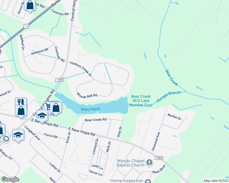 map of restaurants, bars, coffee shops, grocery stores, and more near 148 Woods Mill Road in Goldsboro