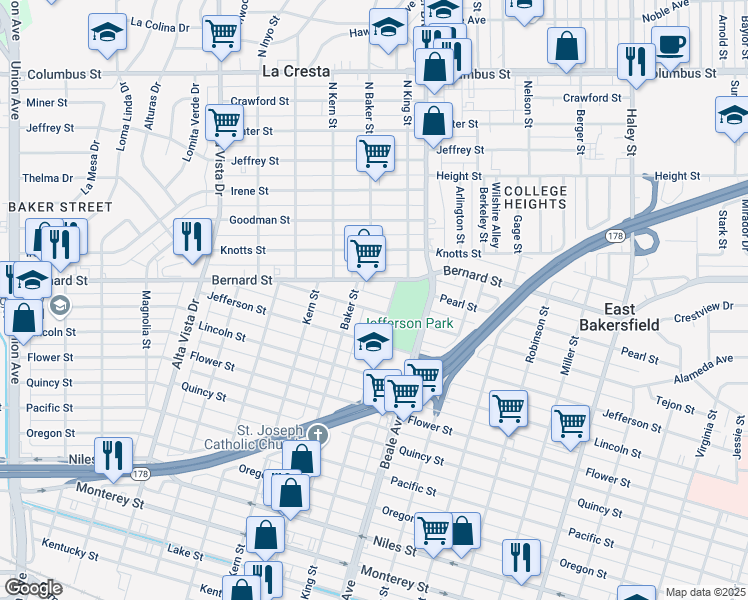 map of restaurants, bars, coffee shops, grocery stores, and more near 716 Grace Street in Bakersfield