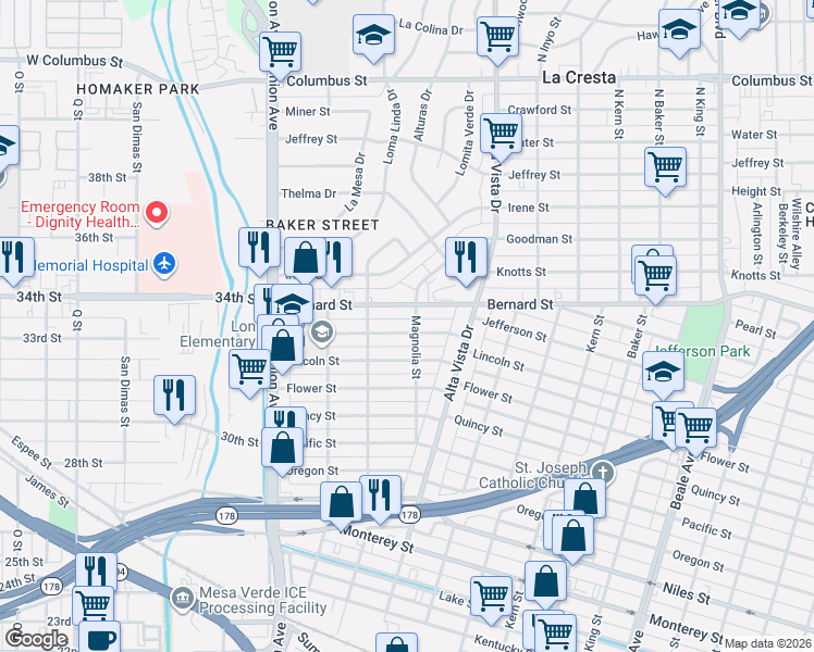 map of restaurants, bars, coffee shops, grocery stores, and more near 232 Jefferson Street in Bakersfield