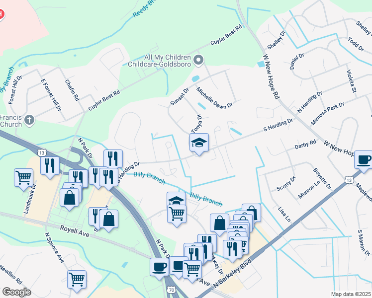 map of restaurants, bars, coffee shops, grocery stores, and more near 100 Tonya Drive in Goldsboro