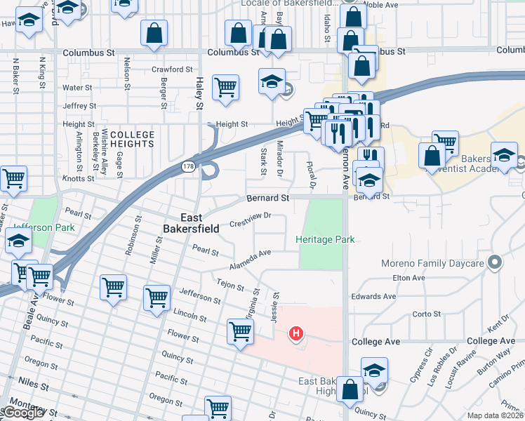 map of restaurants, bars, coffee shops, grocery stores, and more near 1712 Crestview Drive in Bakersfield