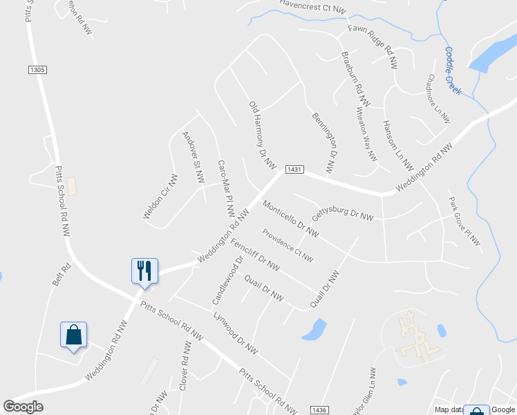 map of restaurants, bars, coffee shops, grocery stores, and more near 6237 Monticello Drive Northwest in Concord
