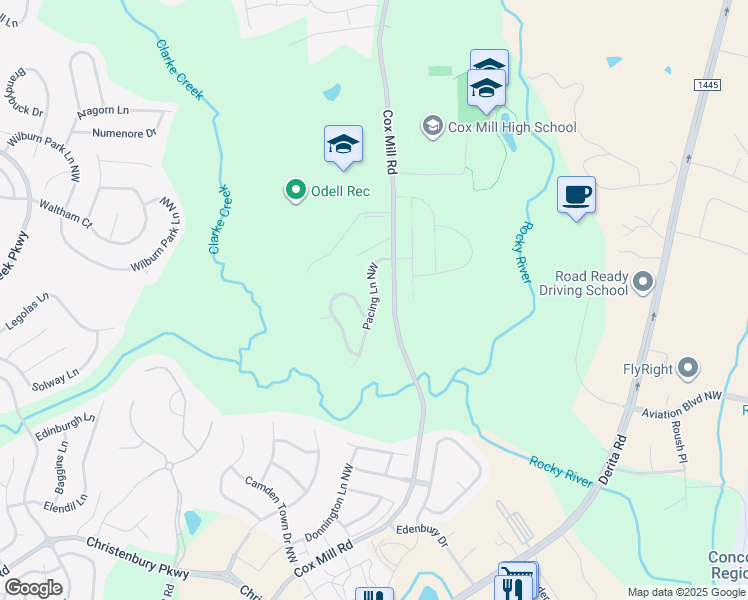 map of restaurants, bars, coffee shops, grocery stores, and more near 9504 Pacing Lane Northwest in Concord