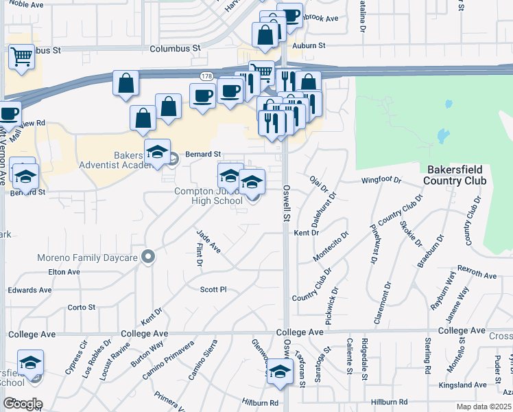 map of restaurants, bars, coffee shops, grocery stores, and more near 3211 Pico Avenue in Bakersfield