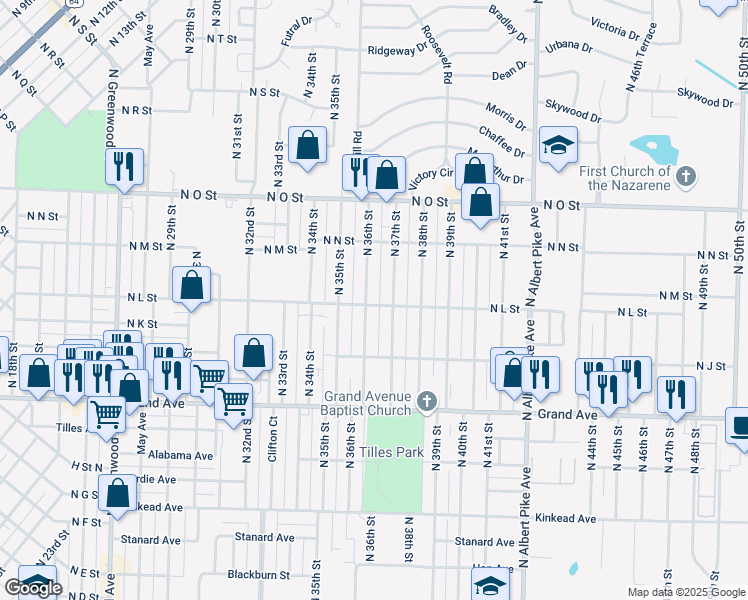 map of restaurants, bars, coffee shops, grocery stores, and more near 1400 North 36th Street in Fort Smith