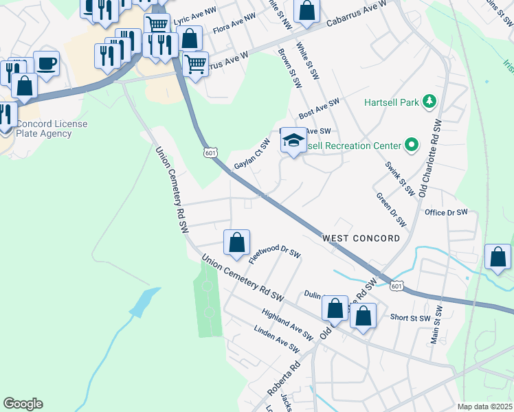 map of restaurants, bars, coffee shops, grocery stores, and more near 765 Sunderland Road Southwest in Concord