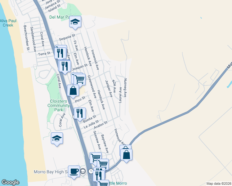map of restaurants, bars, coffee shops, grocery stores, and more near 2525 Laurel Avenue in Morro Bay