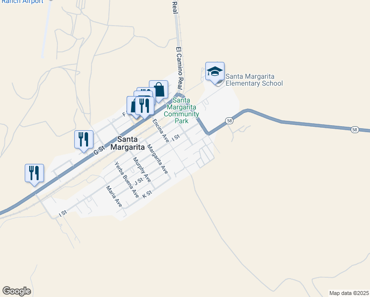 map of restaurants, bars, coffee shops, grocery stores, and more near 2230 J Street in Santa Margarita