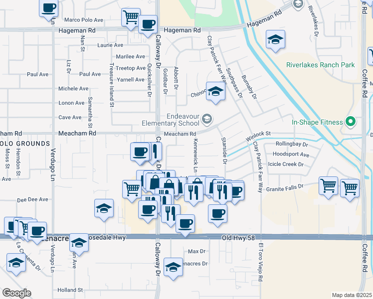 map of restaurants, bars, coffee shops, grocery stores, and more near 9405 Colfax Court in Bakersfield