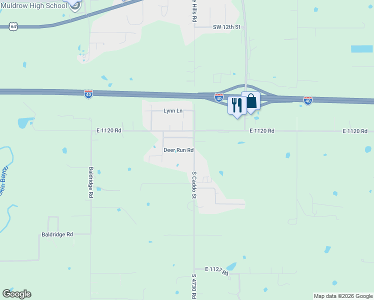 map of restaurants, bars, coffee shops, grocery stores, and more near 408 Deer Run Road in Muldrow
