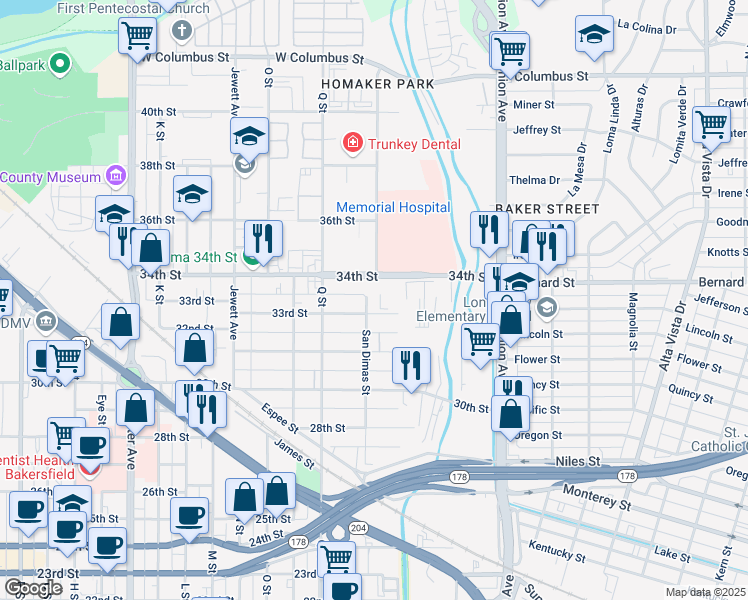 map of restaurants, bars, coffee shops, grocery stores, and more near 3330 San Dimas Street in Bakersfield