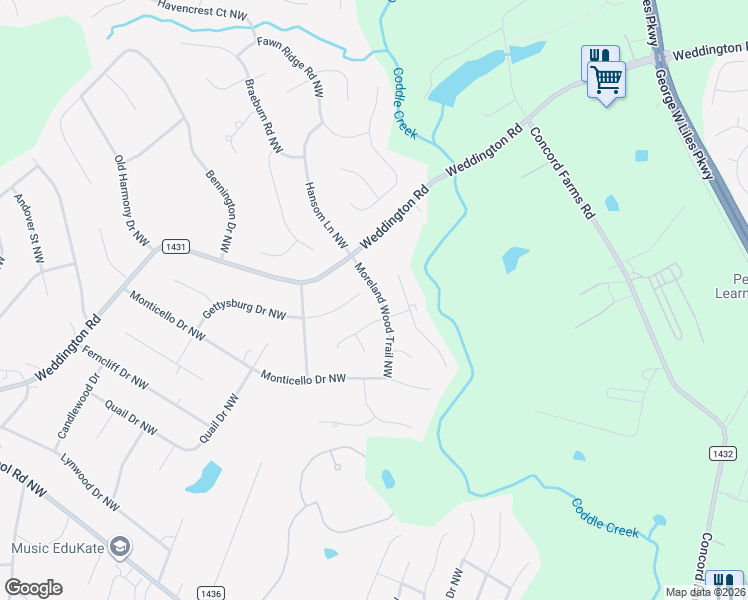 map of restaurants, bars, coffee shops, grocery stores, and more near 1737 Moreland Wood Trail Northwest in Concord