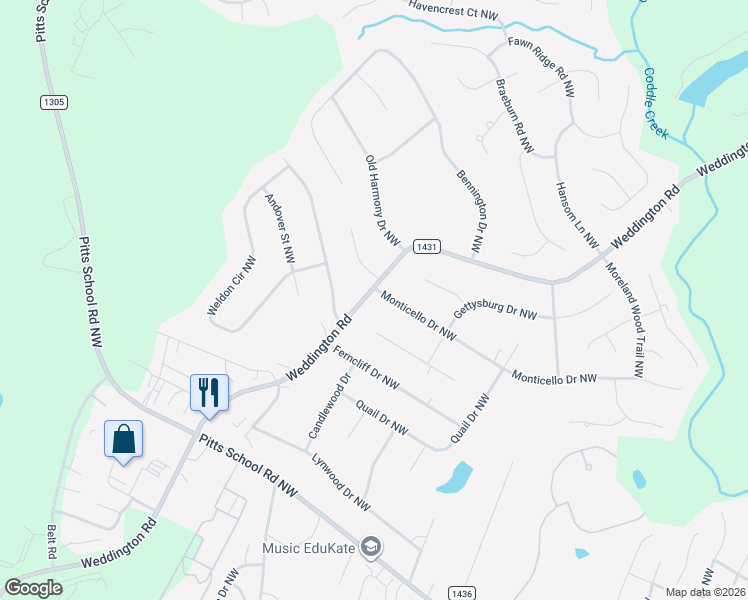 map of restaurants, bars, coffee shops, grocery stores, and more near 6237 Monticello Drive Northwest in Concord