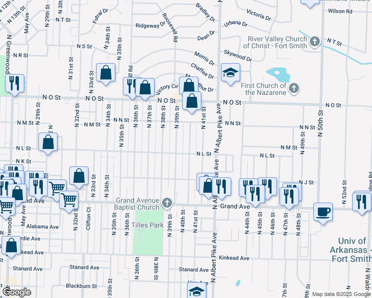 map of restaurants, bars, coffee shops, grocery stores, and more near 1400 North 40th Street in Fort Smith